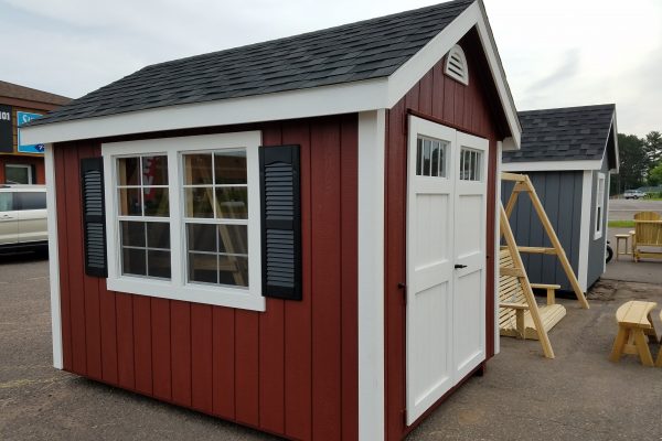 8x8 storage shed wood siding red with double doors windows with shutters