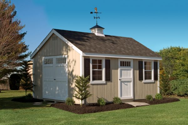 deluxe 12x16 wood shed in wisconsin with beige siding and shingle roof