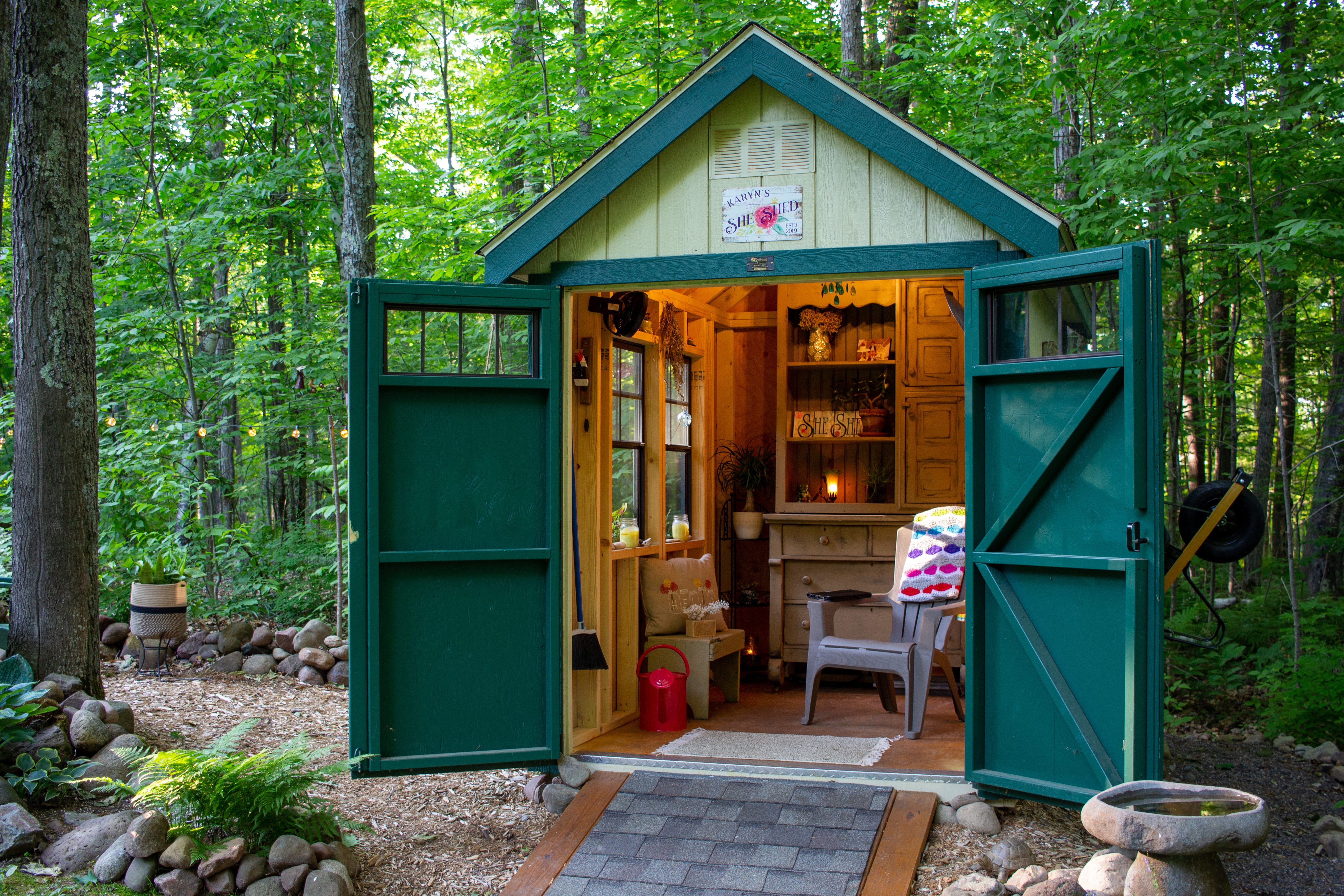 classic storage building used as a she shed in northern wisconsin perfect for lake area