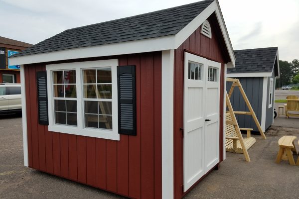 8x8 garden shed wood siding red with double doors windows with shutters